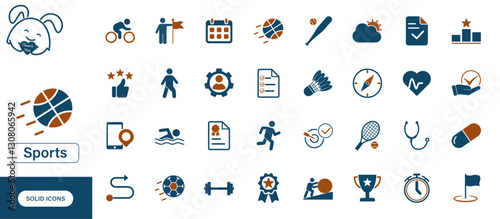 Set of solid vector icons representing sports, lifestyle, healthcare, and physical activity.