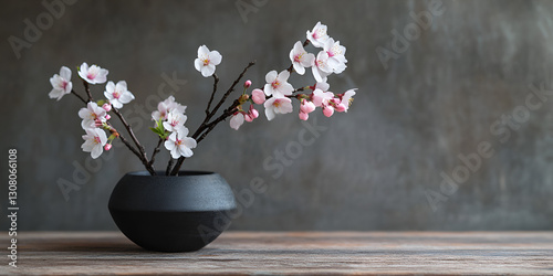 Black Vase with White and Pink Blossoms on Wooden Table
