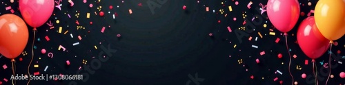 Confetti and balloons scattered on a black background, decorations, party
