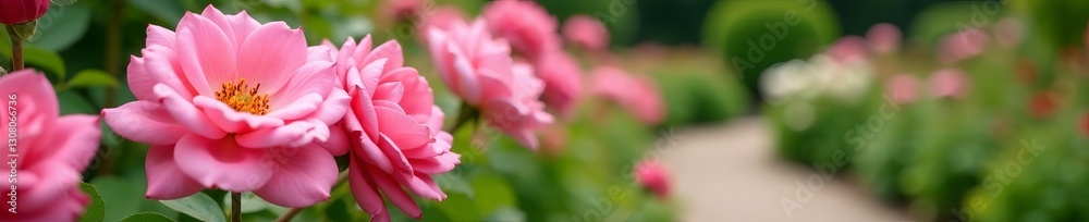Close-up of blooming pink garden roses lining the edge of a lush garden path, flowers, beautiful Close-up of blooming pink garden roses lining the edge of a lush garden path, flowers, beautiful