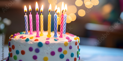 Birthday Cake with Colorful Candles and Polka Dots
