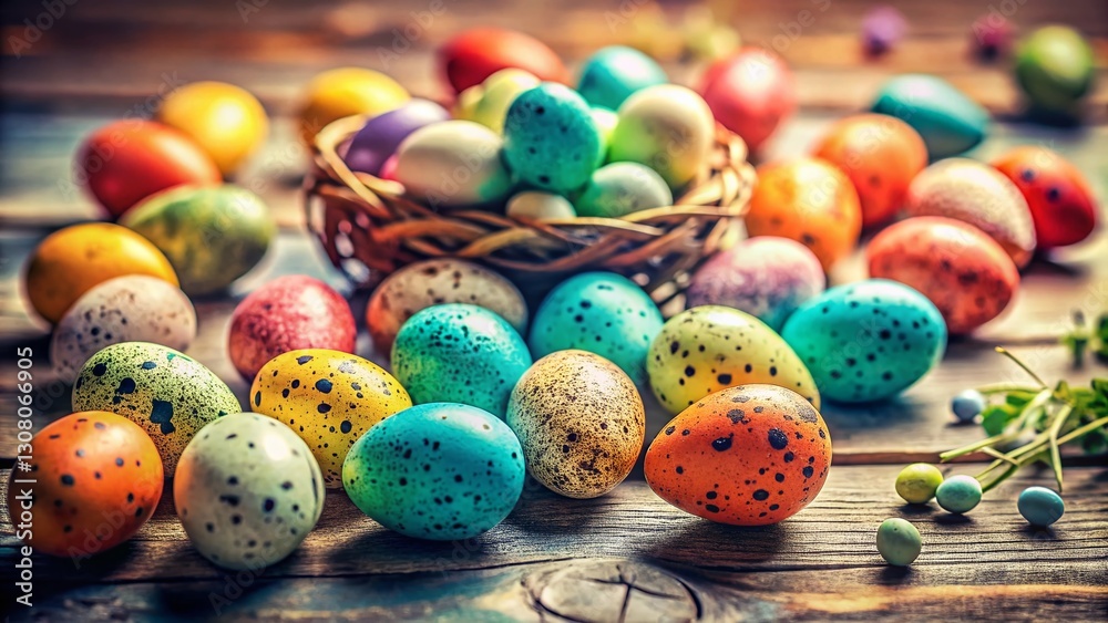 Fototapeta premium Colorful Speckled Easter Eggs on Light Background - Spring Festive Decor