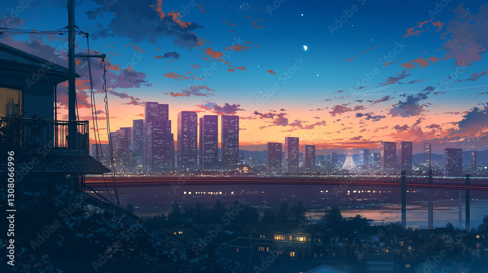 Fototapeta premium 夕暮れから夜へと移り変わる都市風景 温かい光が灯るレトロな日本のアパート