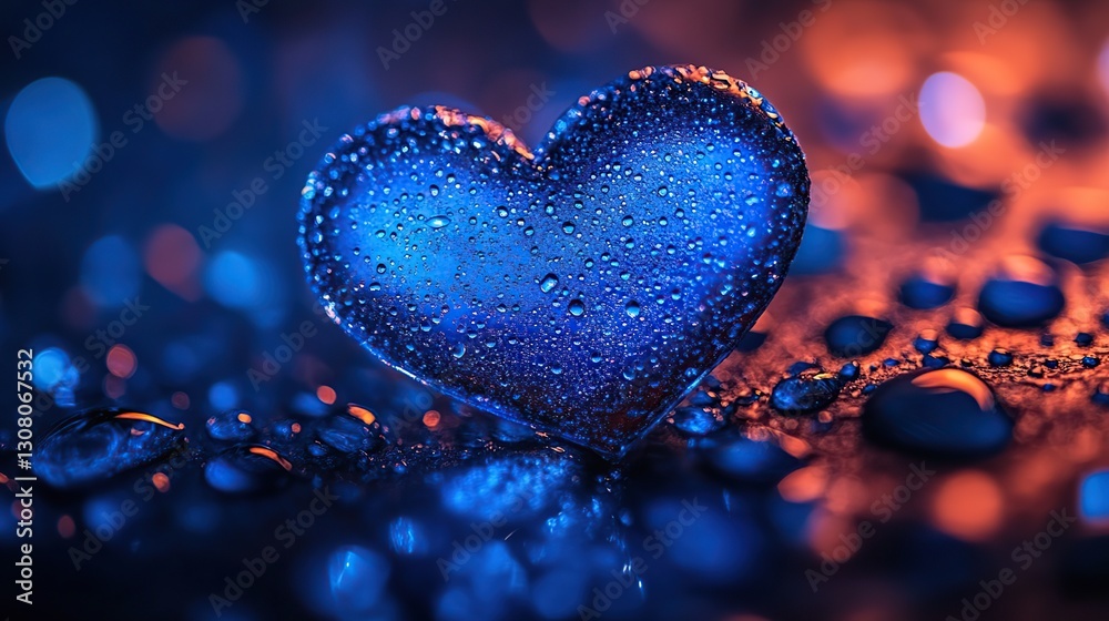Fototapeta premium Blue glass heart, water drops, bokeh background, romantic, Valentine's