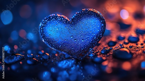 Blue glass heart, water drops, bokeh background, romantic, Valentine's
