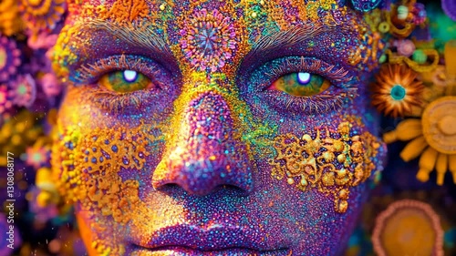 Vibrant face adorned with colorful patterns and floral designs in an artistic celebration