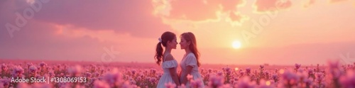 Sweet friends sharing a tender moment over pastel hues, lovely, tender