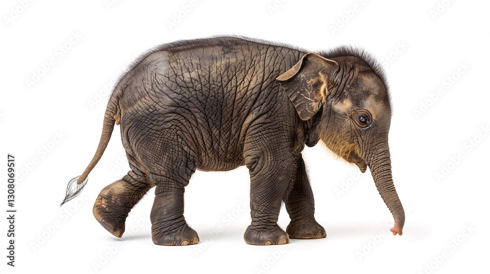 Fototapeta premium Baby elephant walking, white background, wildlife, conservation