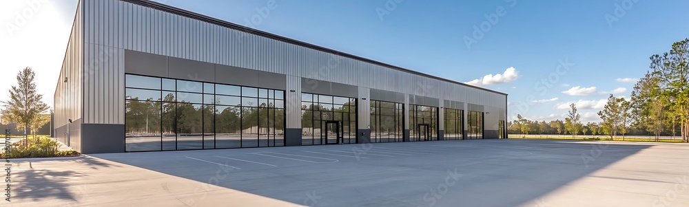Modern commercial building with large glass windows and a clear blue sky backdrop. Modern commercial building with large glass windows and a clear blue sky backdrop.