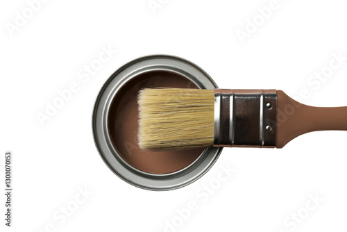 PNG, Paint, can of brown paint with a brush, isolated on a white background