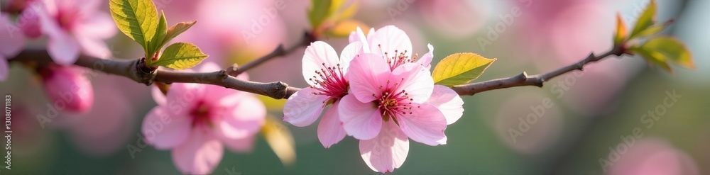 Obraz premium Close-up of delicate cherry blossoms with green leaves, cherry blossoms, pink