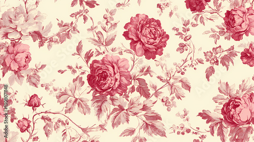 Wallpaper Mural Vintage inspired seamless toile de jouy pattern featuring intricate floral designs in shades of pink on soft cream background, evoking classic and elegant aesthetic. Timeless - Garden. Illustration Torontodigital.ca