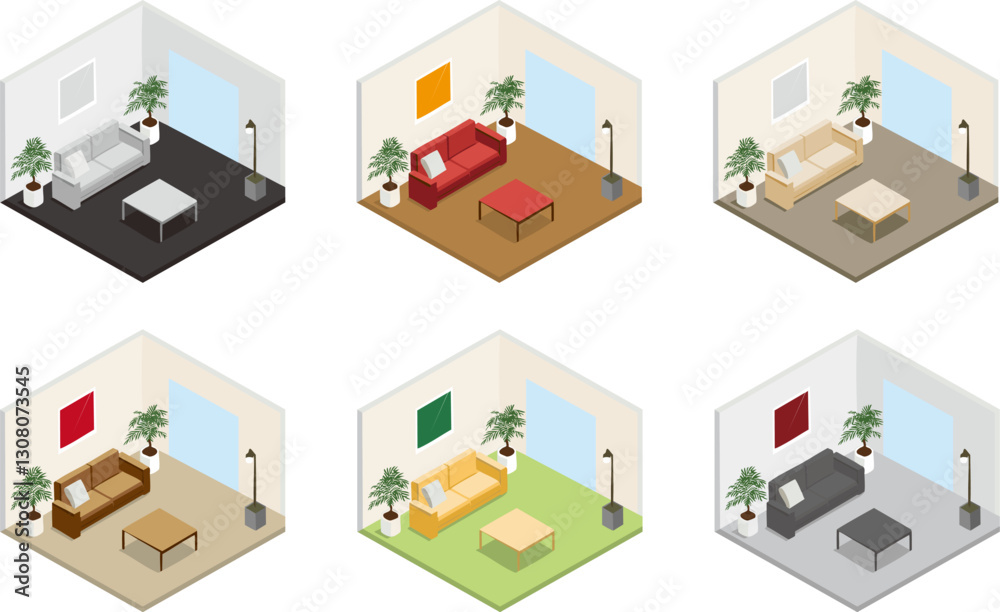Obraz premium リビングのアイソメトリックなイラスト6色セット
