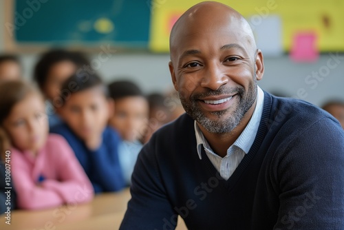 Smiling African American Male Teacher Leading Diverse Classroom: Professional Education, Learning, and Positive Engagement