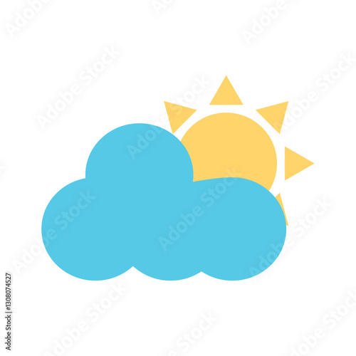 Flat Vector Illustration of a Partly Cloudy Weather Icon Showing a Bright Yellow Sun Behind a Blue Cloud Representing a Weather Forecast Concept