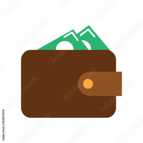 Flat Vector Illustration of a Brown Wallet with Green Cash Bills Representing Finance and Personal Savings