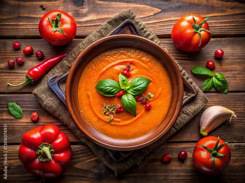 Creamy Roasted Tomato & Pepper Soup in Ceramic Bowl - Top View Stock Photo Creamy Roasted Tomato & Pepper Soup in Ceramic Bowl - Top View Stock Photo