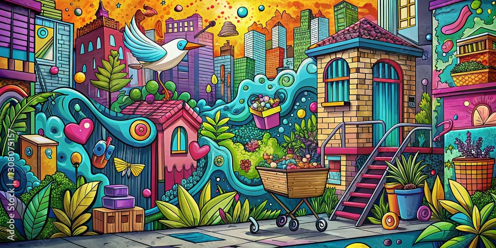 Fototapeta premium Creative Doodle Art Style Urban Exploration Online Shopping Backdrop