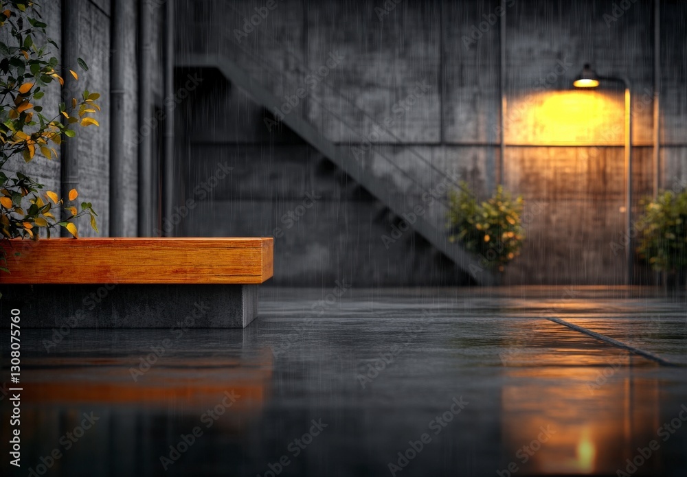 Rainy Urban Scene with Bench and Warm Light in Industrial Setting at Night Rainy Urban Scene with Bench and Warm Light in Industrial Setting at Night