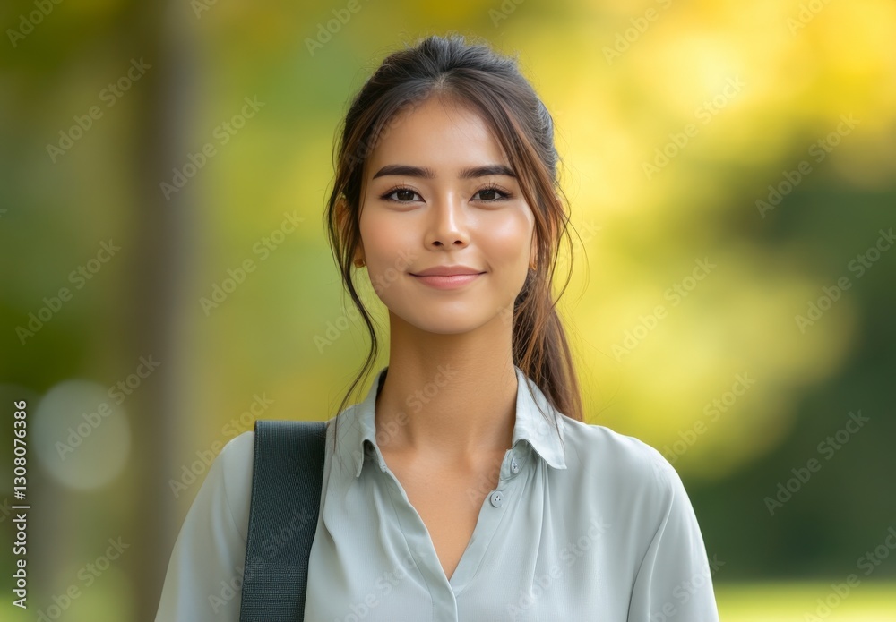 Young woman smiling with natural background, portrait of confidence and casual elegance, outdoor setting Young woman smiling with natural background, portrait of confidence and casual elegance, outdoor setting