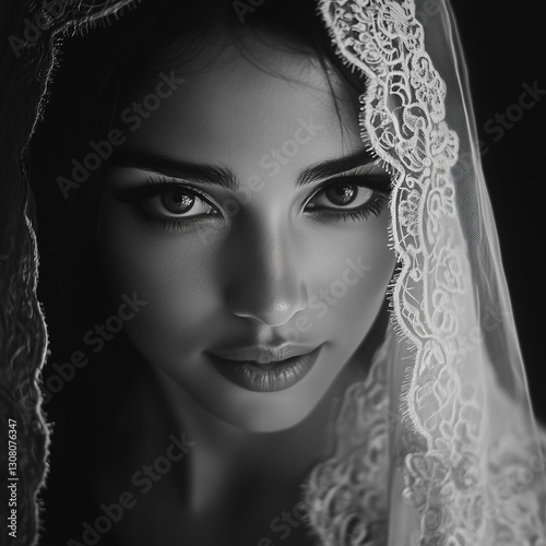 Bride wearing a veil in black and white