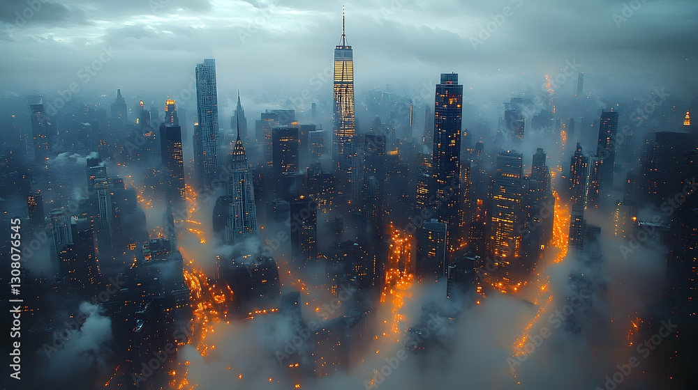 Fototapeta premium NYC Skyline Foggy Night Aerial View