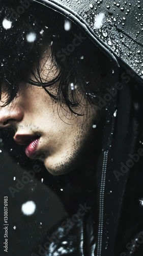 Young person with long hair wearing a hood in the rain stands still during a snow flurry in a dark urban setting