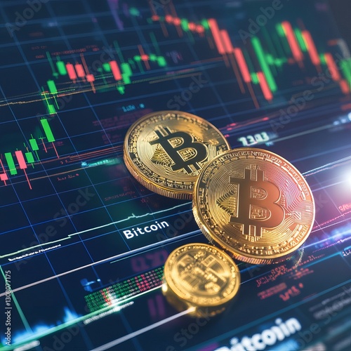 financial trading graph with Bitcoin coins and gold on a business chart background
