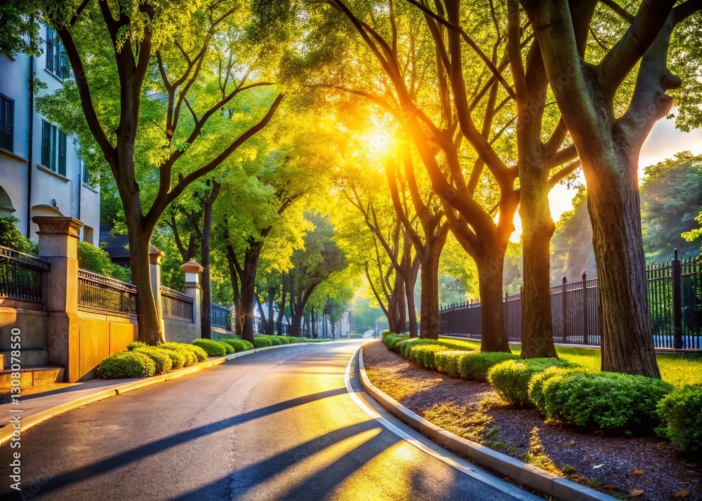Obraz premium Curving City Sidewalk, Lush Trees, Sunny Day - Architectural Photography Stock Image