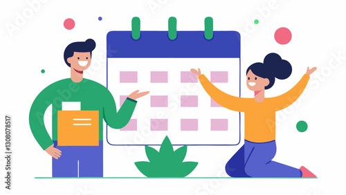 SelfCare Reminder A vector of a wellness calendar filled with selfcare activities while a coach shows a happy person how to incorporate techfree time into their schedule.