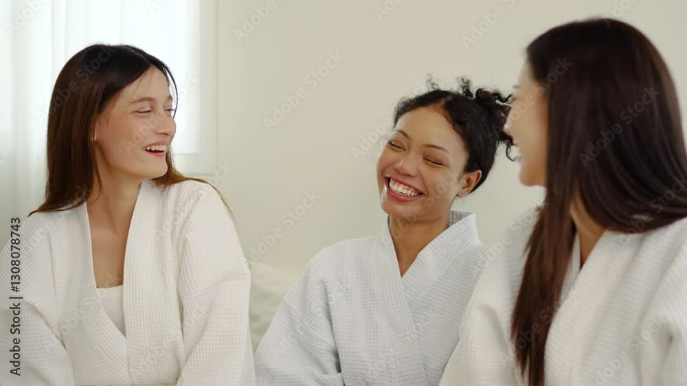 Three joyful young women dressed in white bathrobes are having a delightful spa day. They wear cucumber masks over their eyes, laughing and enjoying each other's company in a relaxed atmosphere. Three joyful young women dressed in white bathrobes are having a delightful spa day. They wear cucumber masks over their eyes, laughing and enjoying each other's company in a relaxed atmosphere.