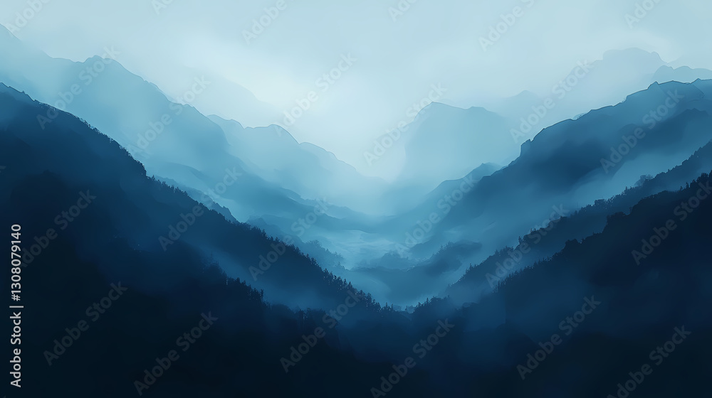 Misty dark blue watercolor background with soft textures and minimalistic design, high-resolution hyper-realistic details, creating a serene and abstract atmosphere. Serene - Valley. Illustration Misty dark blue watercolor background with soft textures and minimalistic design, high-resolution hyper-realistic details, creating a serene and abstract atmosphere. Serene - Valley. Illustration