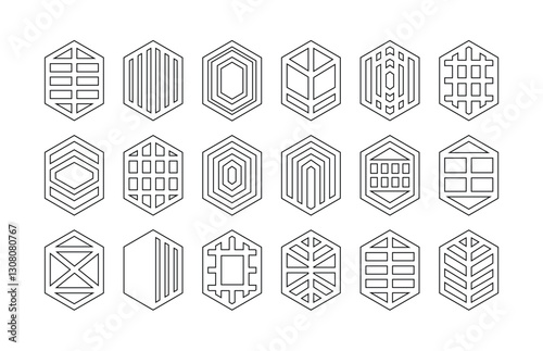 Black elegant and modern assorted isolated thin outline pointy hexagon shapes emblems icons set design elements on white background poster