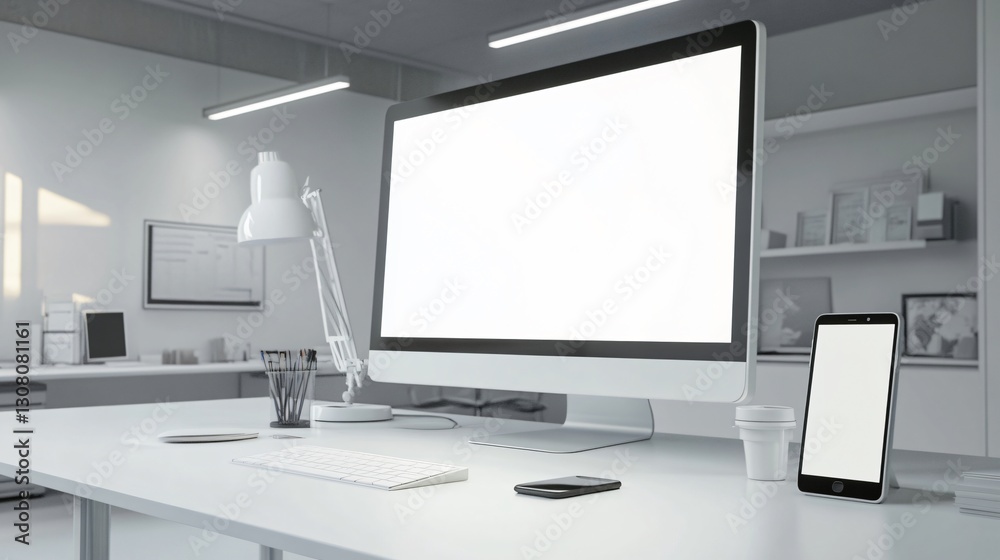Modern Office Workspace with Large Monitor Modern Office Workspace with Large Monitor