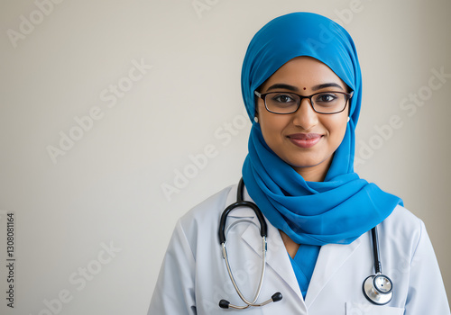 Smiling Female Doctor: A close-up portrait of a warm, compassionate female doctor with a serene smile and kind eyes. Her headscarf and stethoscope symbolize care.