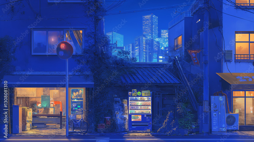 Obraz premium ノスタルジックな日本の夜景 温かい灯りがともる静かな都市の風景