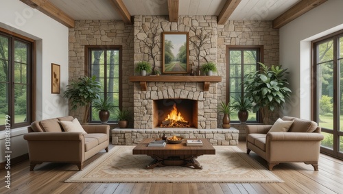 Rustic Living Room  Fireplace  Nature View