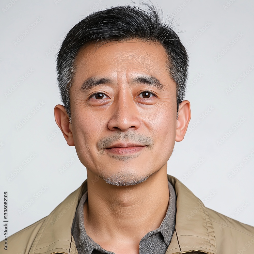 Obraz premium Portrait of a Confident Mature East Asian Businessman Smiling in Casual Teal Shirt with Natural Lighting
