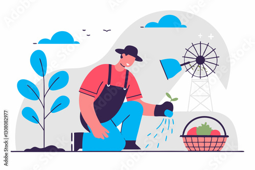 A farmer kneels while watering a small plant, with a basket of harvested vegetables nearby and a windmill in the background, symbolizing sustainable agriculture.