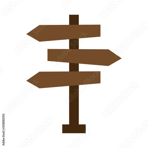 Vector Illustration of a Brown Wooden Signpost with Three Directional Arrows Representing Travel Directions and Navigation Choices