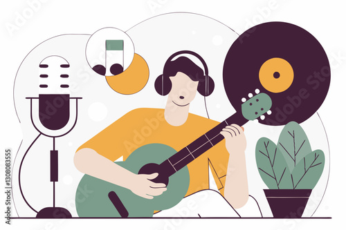 A musician playing an acoustic guitar while wearing headphones, surrounded by a microphone, vinyl record, and musical notes, symbolizing creativity and music production.