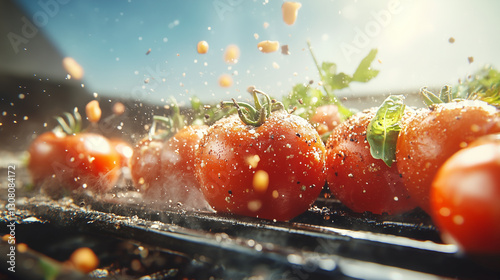 Grilled Tomatoes BBQ , shot of shallow depth of field highlighted Grilling on barbecue grill, with flames amidst raging flames, with volumetric effects bokeh background.