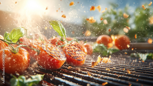 Grilled Tomatoes BBQ , shot of shallow depth of field highlighted Grilling on barbecue grill, with flames amidst raging flames, with volumetric effects bokeh background.