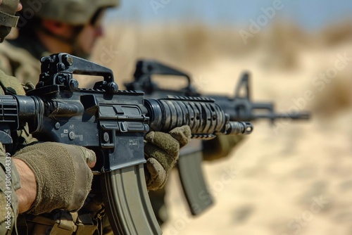 A close-up action shot of soldiers aiming their rifles in a tactical military operation in a desert environment