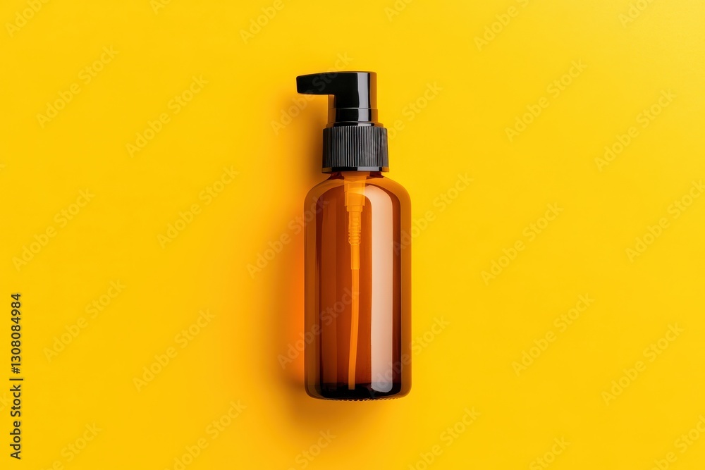 Naklejka premium Amber Bottle Pump Dispenser Yellow Background.