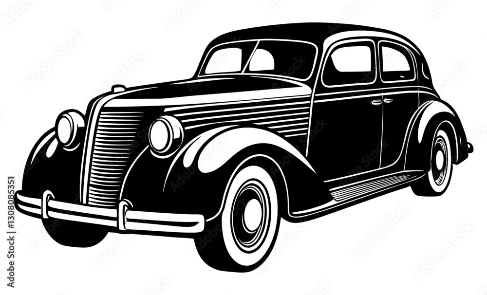 A black and white graphic illustration of a classic car with a rounded body, detailed outlines, and a white background. A black and white graphic illustration of a classic car with a rounded body, detailed outlines, and a white background.