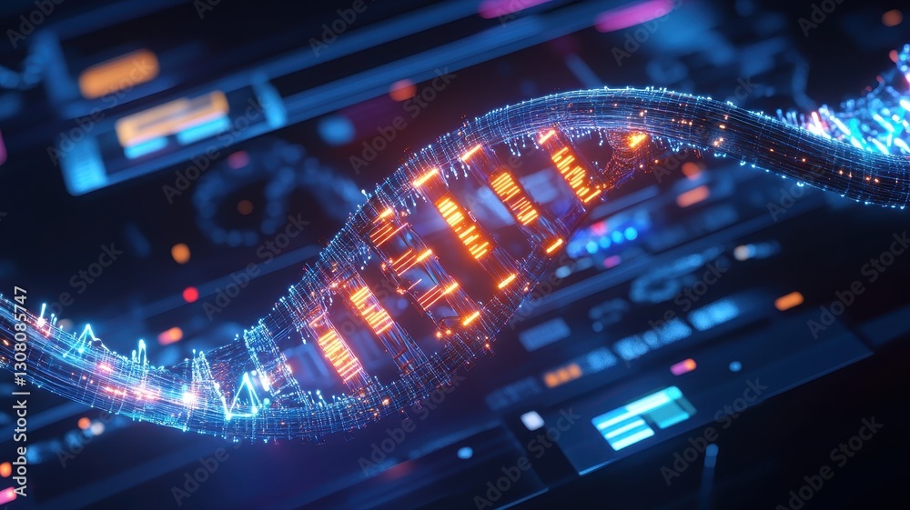 Futuristic Digital DNA Strand with Glowing Elements on a High-Tech Interface Background Futuristic Digital DNA Strand with Glowing Elements on a High-Tech Interface Background