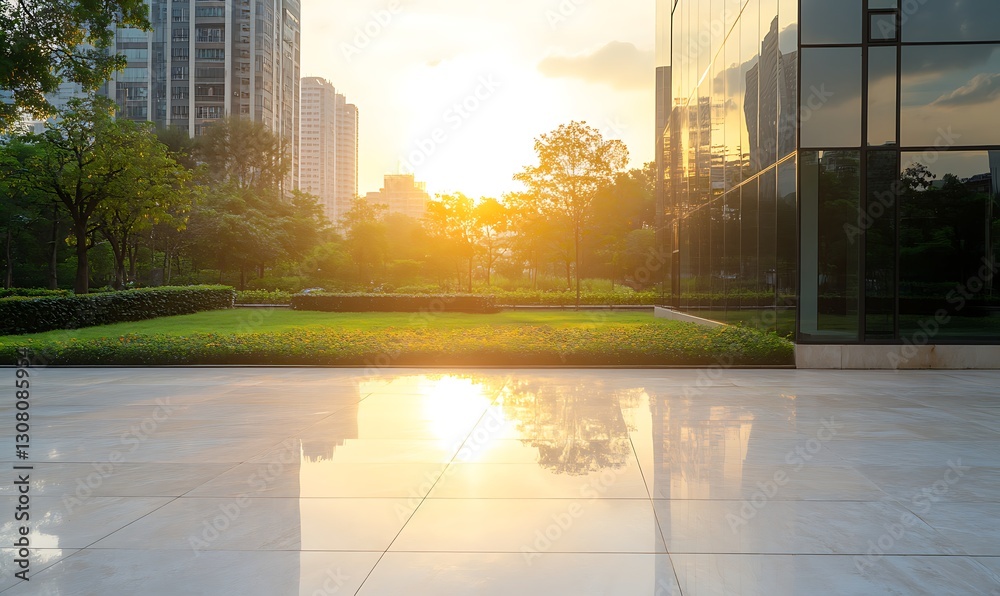 Fototapeta premium Sunset reflection over a smooth surface with greenery and modern buildings in the background.