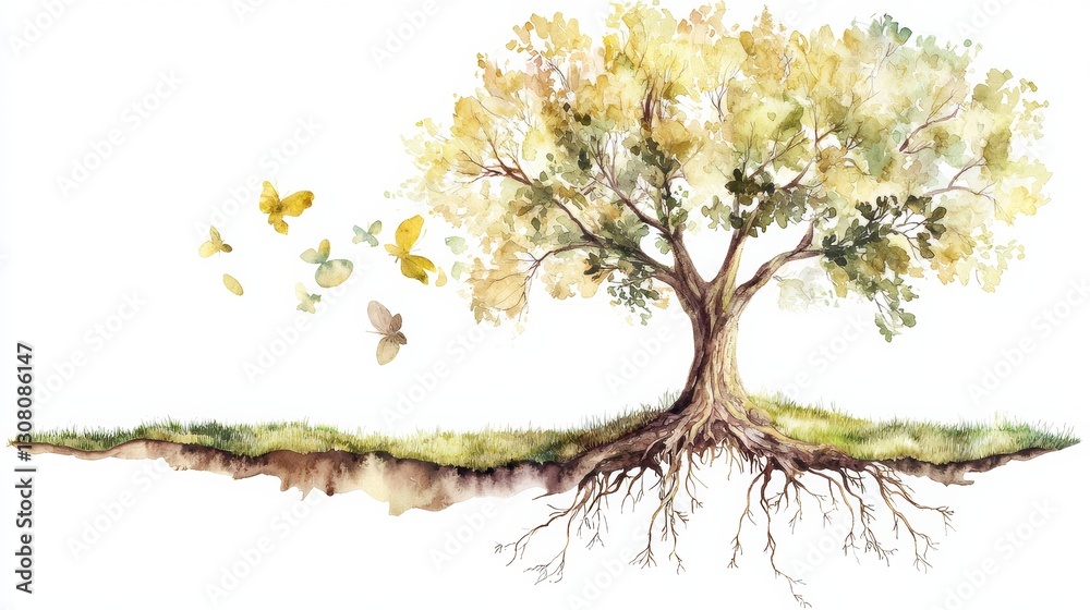 Fototapeta premium Dreamy Watercolor Depiction of a Thriving Tree with Exposed Roots and Ethereal Foliage
