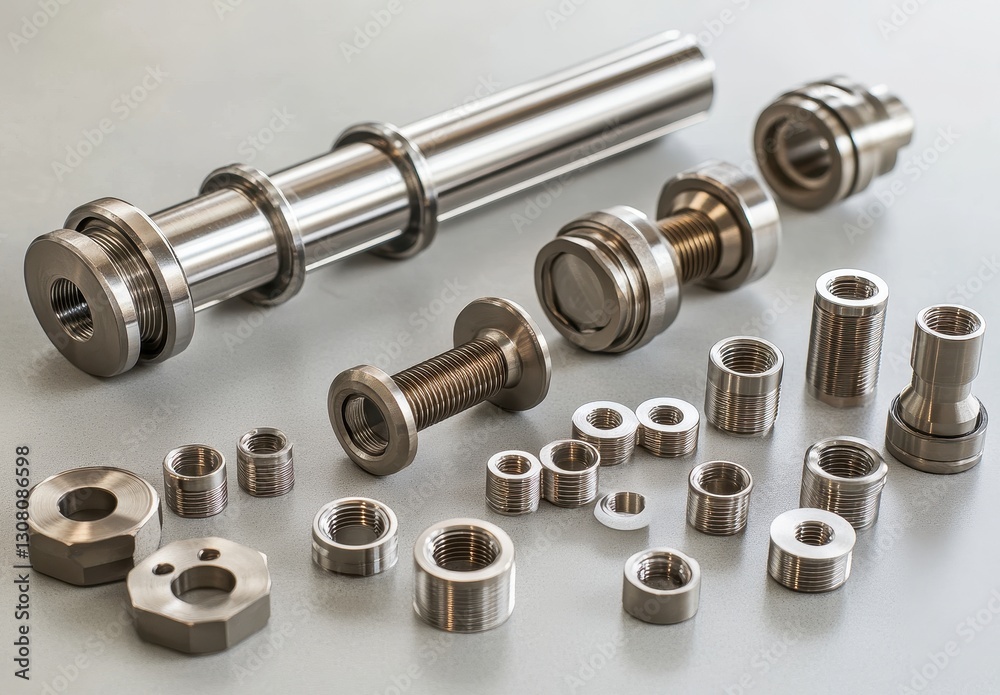 Assorted Metallic Components with Precision Engineering, Variety of Shapes and Sizes on a Light Surface, Showing Industrial Design and Quality Craftsmanship Assorted Metallic Components with Precision Engineering, Variety of Shapes and Sizes on a Light Surface, Showing Industrial Design and Quality Craftsmanship